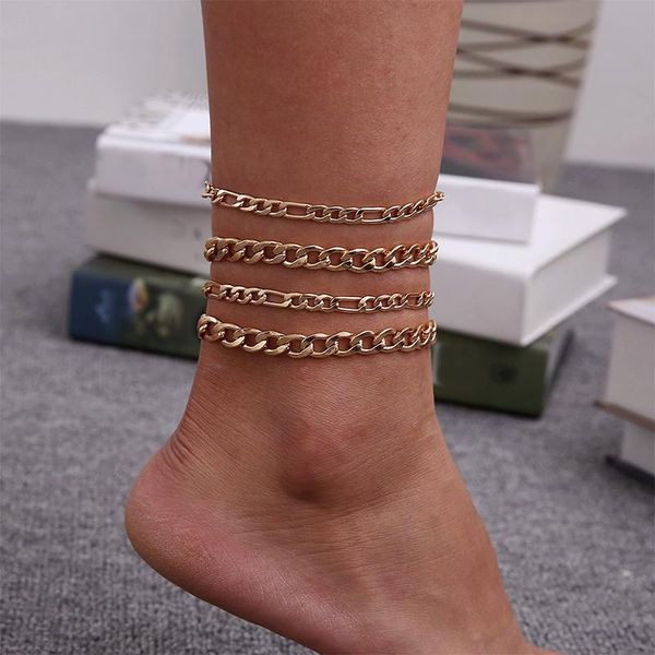 

anklets 4 pcs/set simple women set bohemian oval chain geometric gold anklet fashion barefoot sandals beach party jewelry, Red;blue
