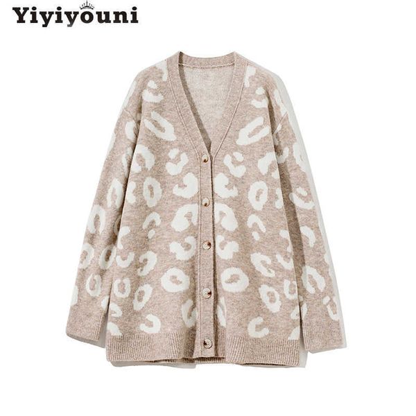 

yiyiyouni autumn winter oversized leopard sweater cardigan women casual v-neck knitted sweaters single breasted jumper 210922, White;black