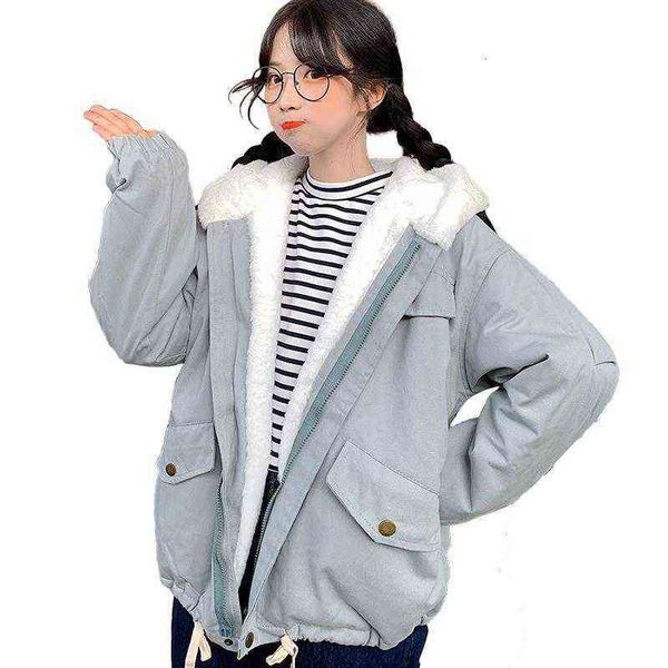 

tooling coat girls autumn and winter 2021 junior high school students plush thickened lamb wool short, Black;brown