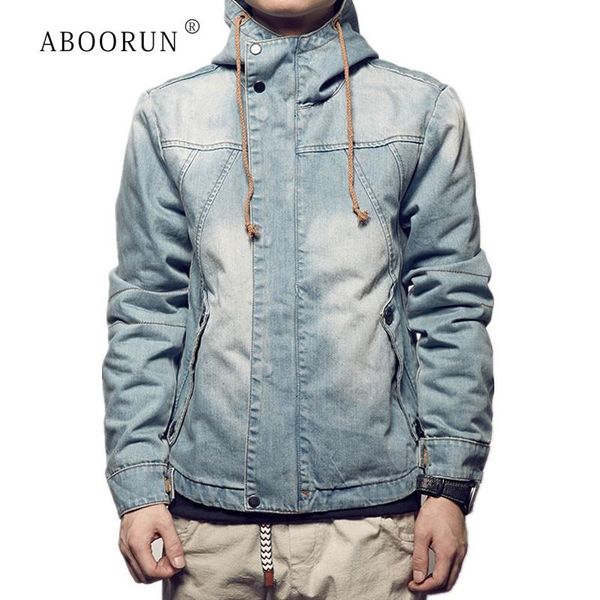 

men's jackets aboorun 2021 retro hooded denim plus size 5xl patchwork jean coat washed cotton for male, Black;brown