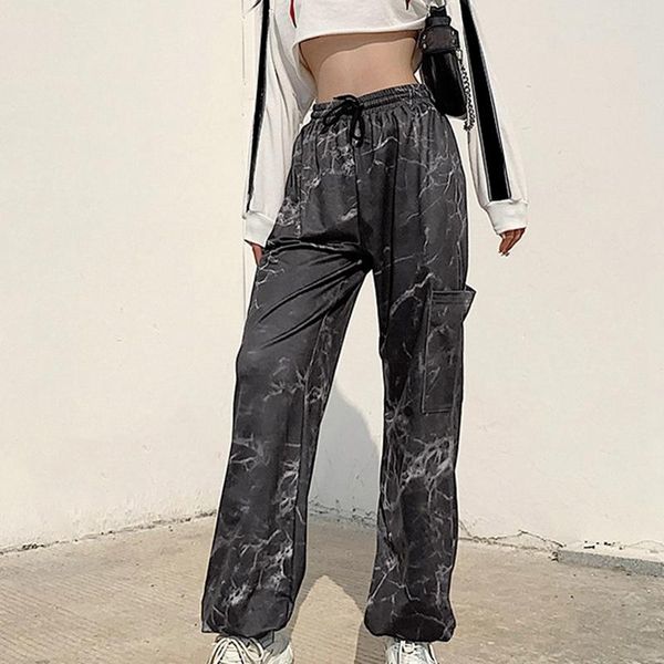 

women's pants & capris ladies spring autumn elastic waist street clothing casual loose drawstring tie-dye sportswear, Black;white
