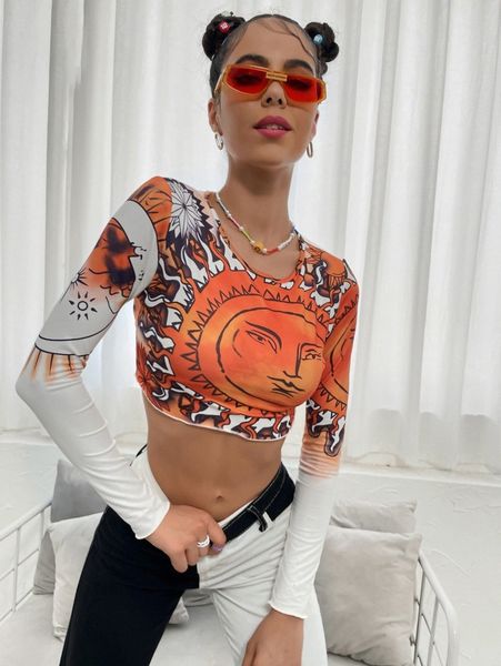 

sun & moon & graphic pattern tee k4tm#, White