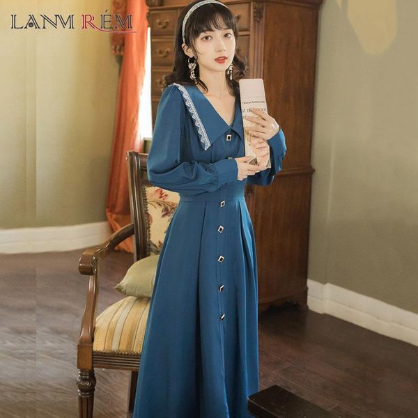 

casual dresses lanmrem 2021 vintage french style girl's elegant all-match long-sleeved knee-length art turn-down collar blue dress 2a22, Black;gray