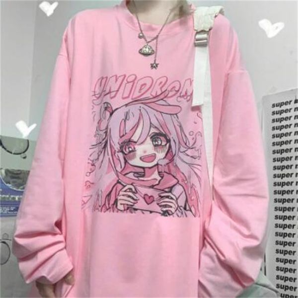 

qweek kawaii woman loose tshirts pink fashion 2021 cute print shirt women long sleeve casual plus size graphic, Gray;blue