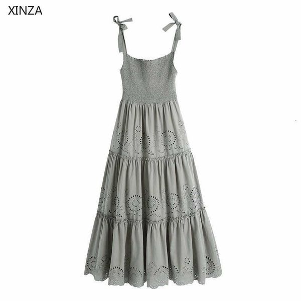 

casual dresses women embroidery summer vintage smocked elastic sleeveless openwork party embroidered pleated midi alnw, Black;gray