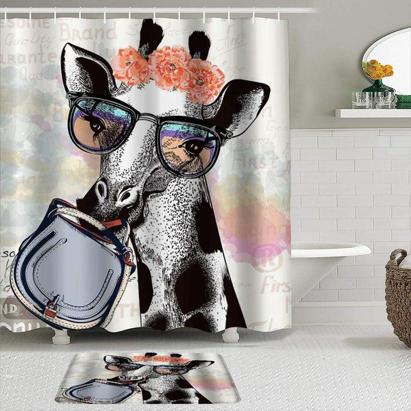 

shower curtain sets with non-slip rugs,fashion goggles giraffe,waterproof bath curtains hooks and bath mat rug included