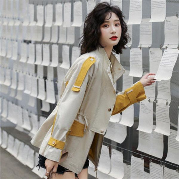 

women's trench coats vintage tooling windbreaker female 2021 spring autumn clothing stand collar korean stitching waist coat m520, Tan;black
