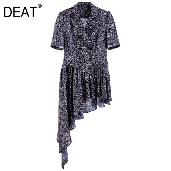 

women blue printing asymmetrical hem dress high waist polo neck short sleeve slim fit fashion tide summer 7d1978 210421, Black;gray