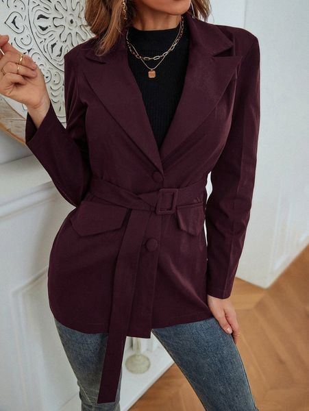 

solid lapel neck belted blazer t6eo#, White;black