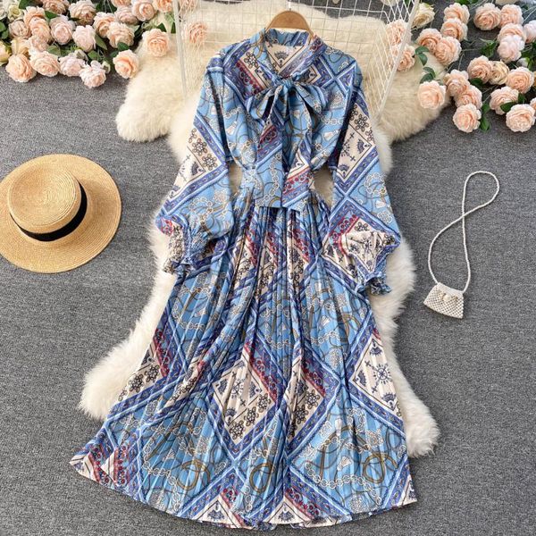 

casual dresses b964 women fashion 2021 autumn and winter bow neck thin a-line dress long sleeve print vintage vestidos, Black;gray