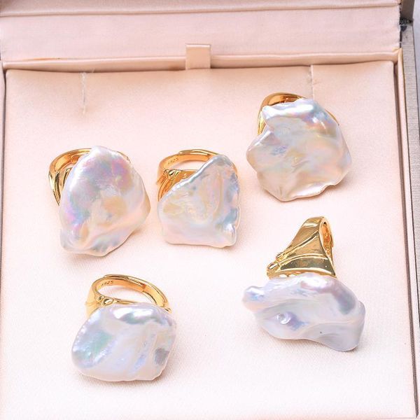 

cluster rings baroqueonly natural freshwater baroque pearl ring retro style 925 sterling silver gold irregular shaped square rfe, Golden;silver