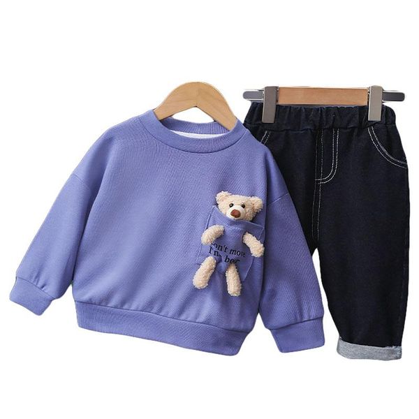 

clothing sets baby boys girl outfits toddler solid color clothes infant cartoon bear long sleeve pullover jeans 2pcs suit 0-5y, White