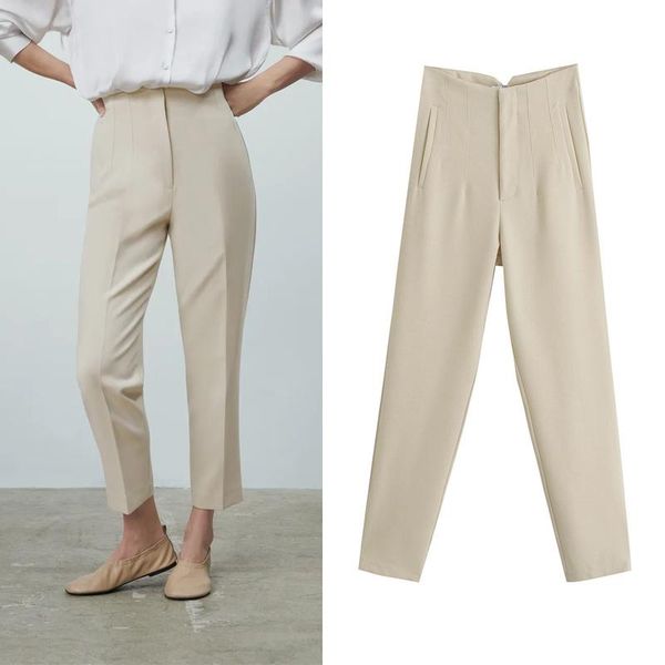 

men's pants za 2021 spring trouser suits high waisted women fashion office beige chic button zip elegant pink casual woman, Black