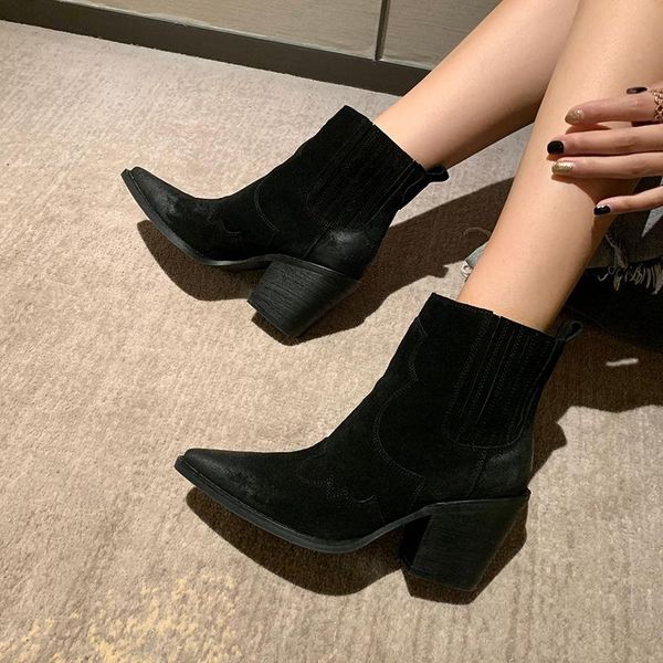 

boots real cow leather suede western ankle women point toe kitten heels short winter cowboy knight woman, Black
