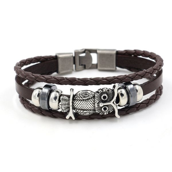 AGGIORNAMENTO Gufo Bracciale in argento antico intrecciato Braccialetti in pelle avvolgente multistrato Bracciale rigido per donna Uomo Gioielli di moda Nero Marrone Will e Sandy