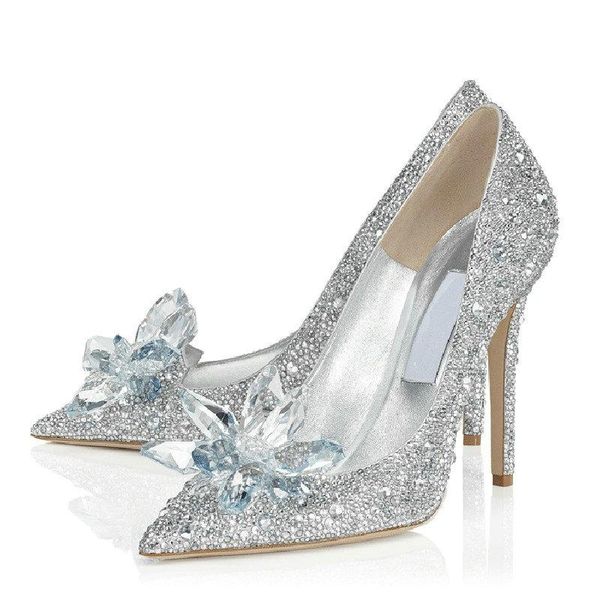 

dress shoes 2021 cinderella glass pointed toe silver high-heeled fine with rhinestone sequins bridesmaid wedding, Black