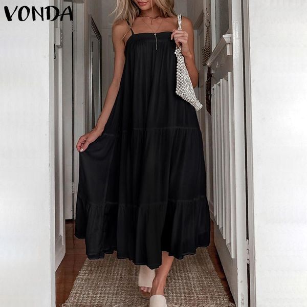 

casual dresses dress spaghetti strap vonda summer cotton maxi holiday elegant beach sundress plus size party vestidos, Black;gray