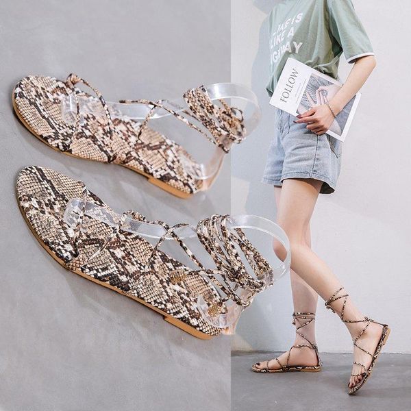 

women snake pattern flat sandals cross-strap beach shoes, Black