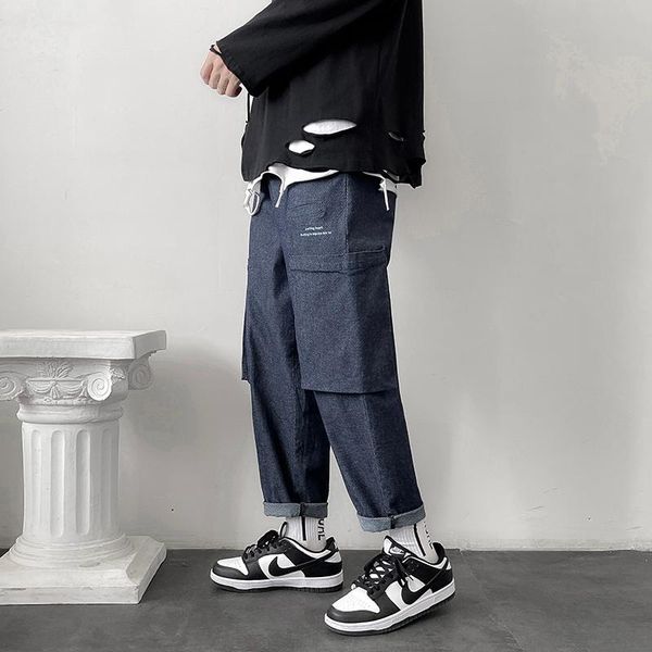 

men's pants side pockets cargo harem joggers men 2021 straight casual harajuku streetwear sweatpant trousers male baggy, Black