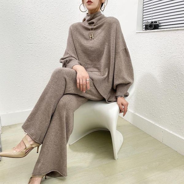 

women's two piece pants women 2021 autumn winter thick knitted pieces set female warm turtleneck pullover sweater+wide leg casual suit, White