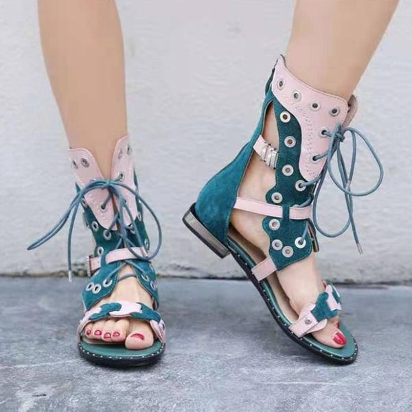 

sandals mixed color rivets studded women gladiator outside casual flat shoes woman hollow out lace-up flats summer, Black