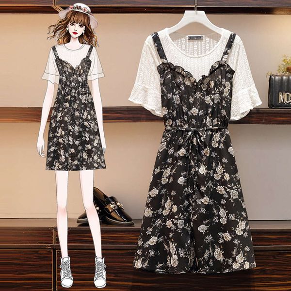 

casual dresses dress fat sister summer large women's show thin cover belly reduce age foreign style loose fake two pieces jiuv, Black;gray