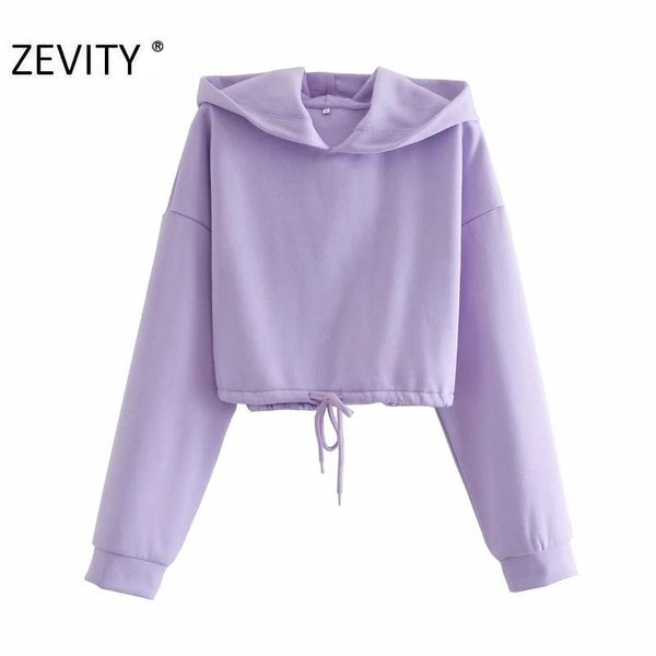 

women's hoodies & sweatshirts zevity women fashion hem drawstring purple color short hooded ladies basic long sleeve crop chic pullover, Black