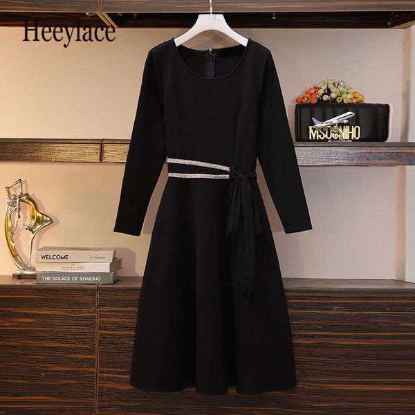 

plus size women autumn long sleeve solid elegant dresses women vintage black high waist a-line dresses office ladies work dress y1006, Black;gray