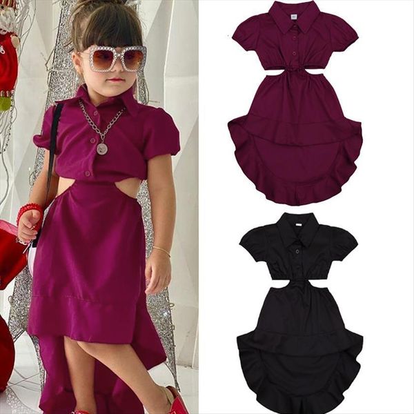 

summer solid 1 6y fashion kids girls ruffle dress short sleeve waist style knee length party skirts set, White