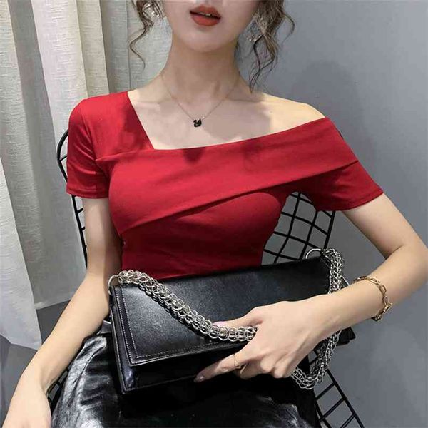 

european clothes fashion asymmetrical hollow out t-shirt women summer back ropa mujer bottoming shirt tees t02210 210708, White