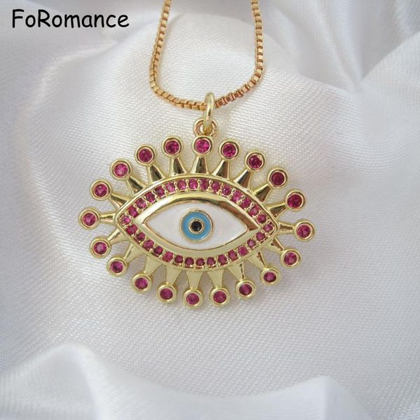 

chains yellow gold plated gp 17.7" 45cm box chain & evil eye with many red cz stones pendant necklace high shining, Silver