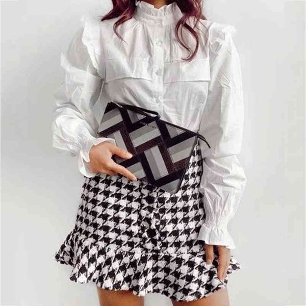 

tweed knitted houndstooth plaid mini skirt women autumn vintage chic button ruffle bodycon skirt high waist skirt 210415, Black