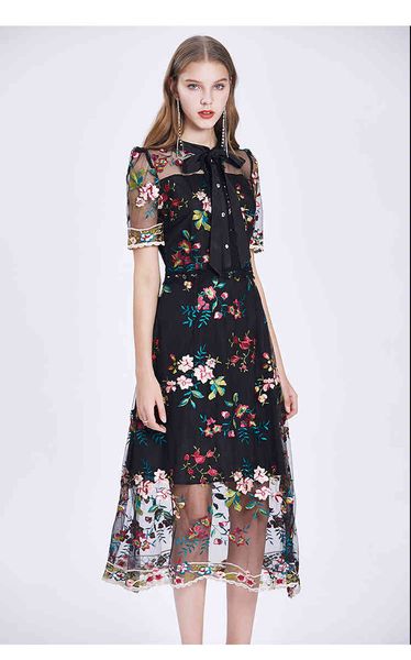 

white and black a line elegant party lace mesh women flower embroidery summer bow collar short sleeve long vestidos, Black;gray
