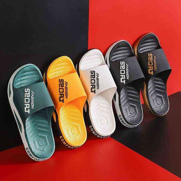 

new summer men slippers alphabet design couples non-slip sole indoor outdoor thick heel shoes bathroom beach men's slides y220307, Black