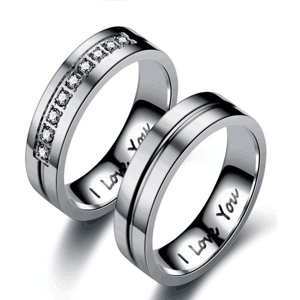 

wedding rings iced out couple cz i love you ring 6mm gold/silver color stainless steel for women men jewelry gift drop, Slivery;golden