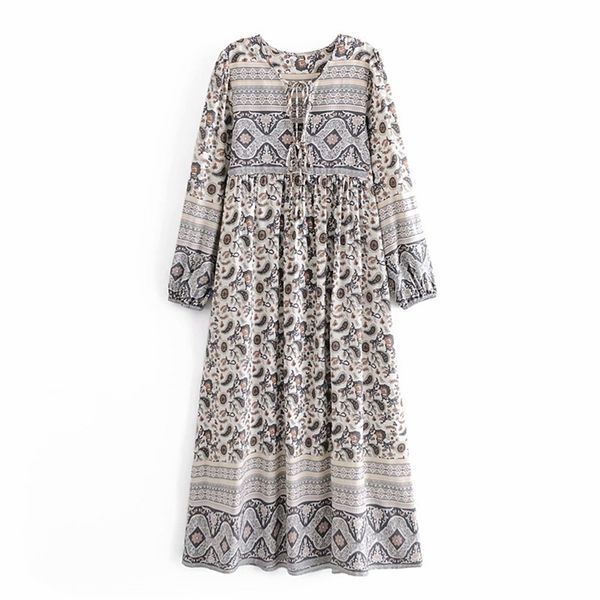 

oversize women soft cotton high waist dress spring-autumn fashion ladies v neck prairie chic female print 210515, Black;gray