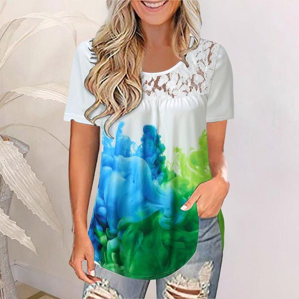 

women's blouses & shirts 40# women blouse hollow out harajuku print short sleeves o neck summer large size lace loose camisetas de muj, White