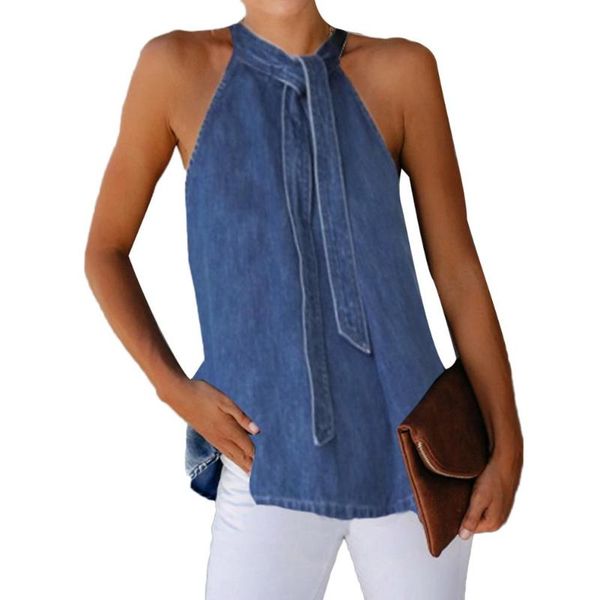 

women's blouses & shirts women solid color vest sleeveless back button neck bandage halter blouse perfect to match with jeans shorts, White