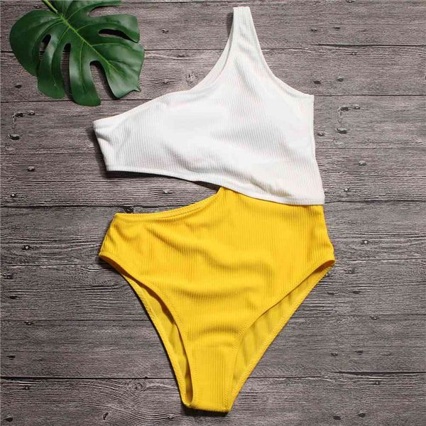 Sexy Branco Amarelo Amarelo Cintura Alta Recorte Trekini That Bathing Terno Monokini Assimétrico Ombro Swimwear Mulheres Swimsuit 210520