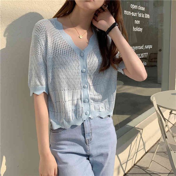 

woman t shirts summer v-neck knitted color matching cardigan women's 210512, White