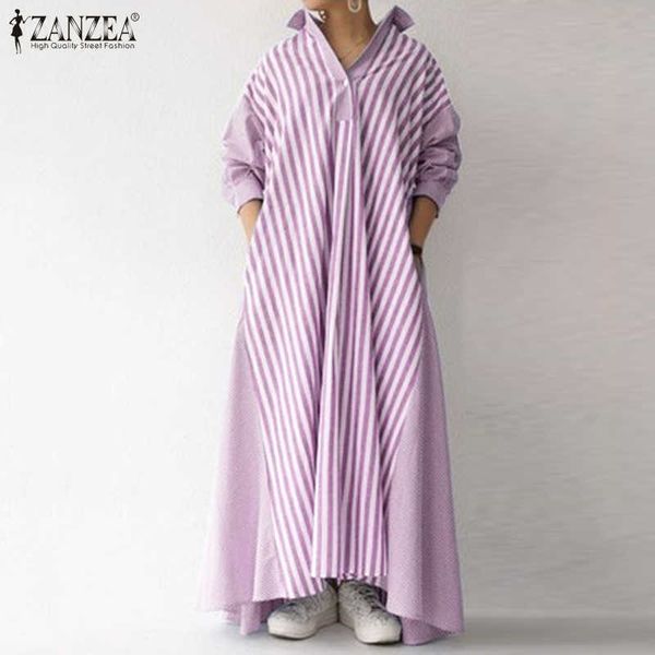 

2021elegant lapel robe womens autumn sundress zanzea 2021 casual long sleeve maxi vestidos female striped shirt dress plus size 5xl, Black;gray