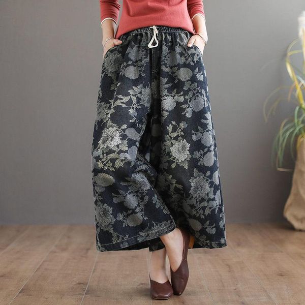 

women's pants & capris retro autumn printed cotton denim wide-leg women loose fashion slim big size jeans trousers elastic waist casual, Black;white