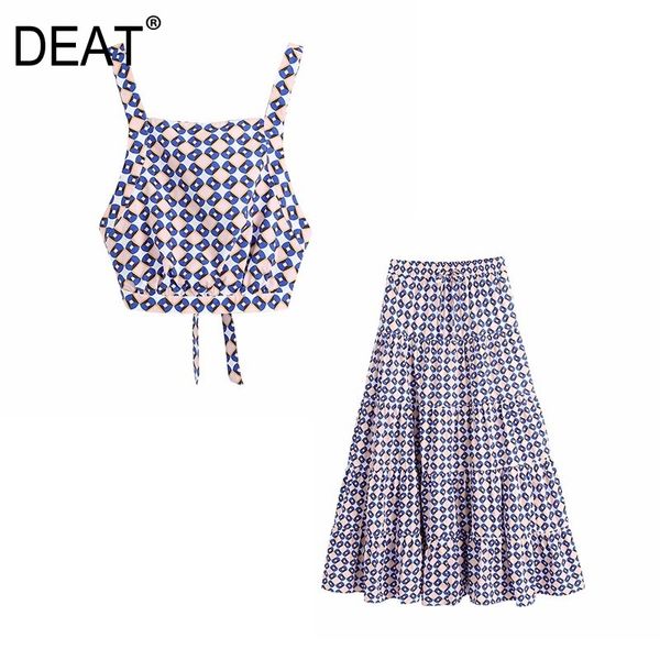 

[deat] summer fashion sleeveless sling printing tank high waist knee-length skirts women two-piece suit 13q255 210527, White