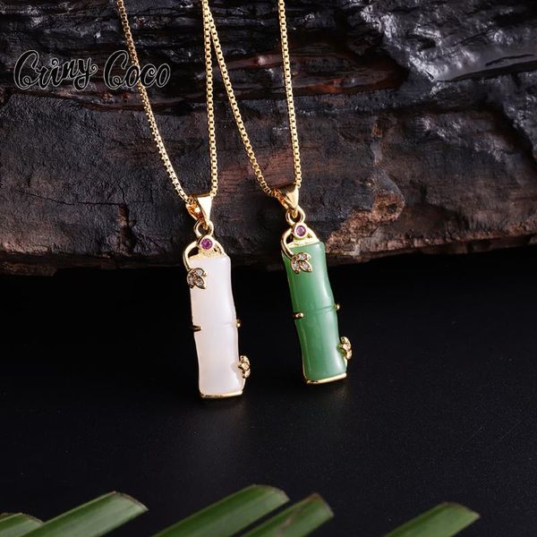

chains natura hetian jade bamboo pendant green pink stone ancient gold inlaid necklace chinese style jewelry for women or men, Silver
