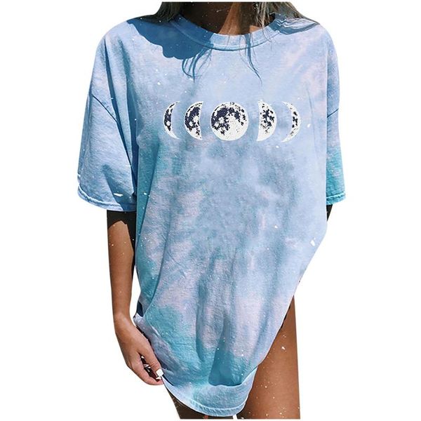 

women vintage casual sun moon print loose short sleeve long t-shirt 2021 summer oversize tee shirts #t1g women's, White