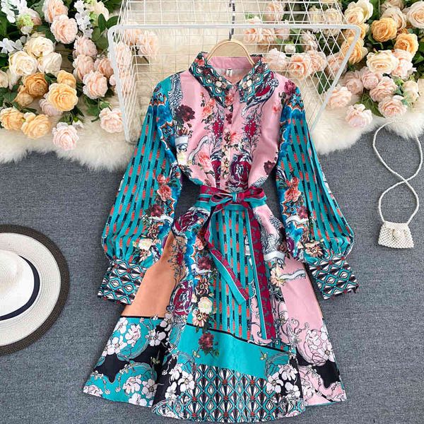 

women print dress autumn turn down collar puff sleeve a line dress casual vacation midi long dress european style 210419, Black;gray