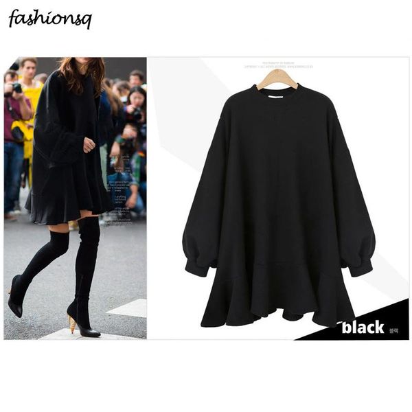 

casual dresses dress women sweatshirt autumn winter long sleeve plue size o-neck warm loose solid color ruffles 2021 fashion, Black;gray