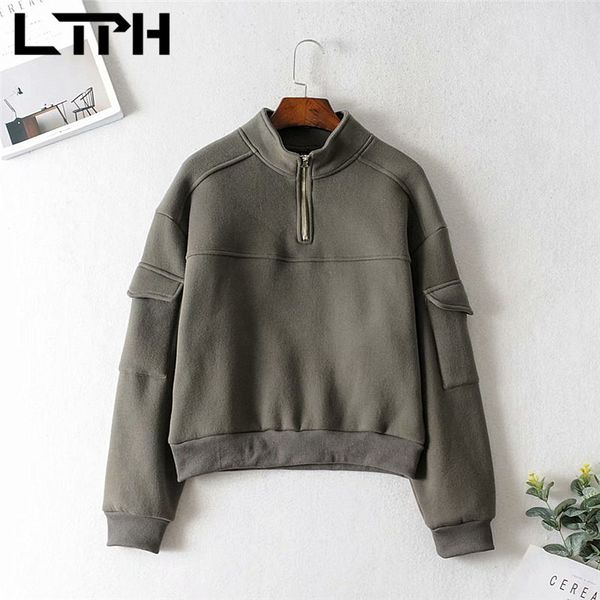 

casual solid zipper stand collar sweatshirts fashion all-match warm sleeve pocket design sweatshirt autumn 210427, Black