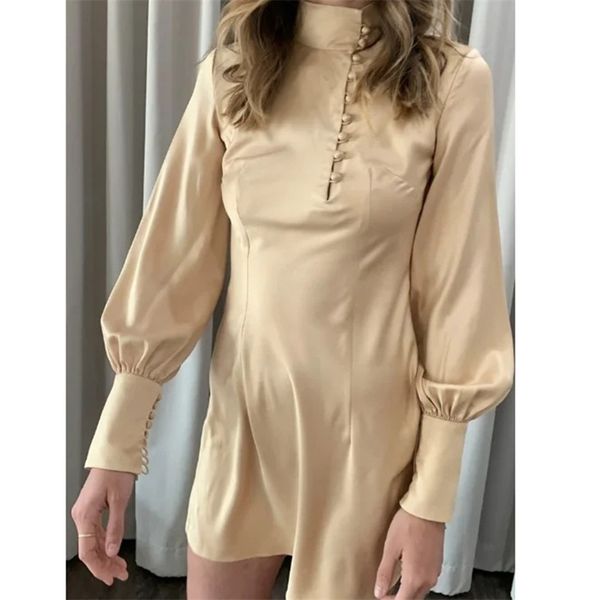 

autumn women satin party dress long sleeve gold silk mini 210513, Black;gray