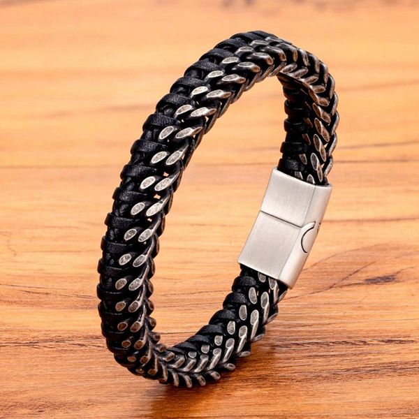 

charm bracelets luxury vintage handmade leather braid men bracelet stainless steel buckle business men's bangles for friend partner lov, Golden;silver